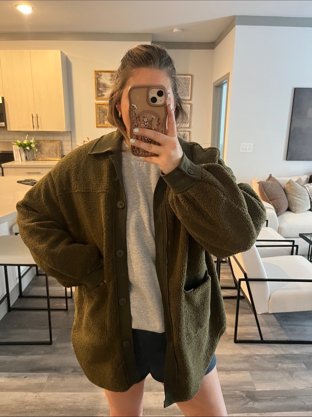 SHEIN Olive Green Teddy Fleece Button-Up Coat